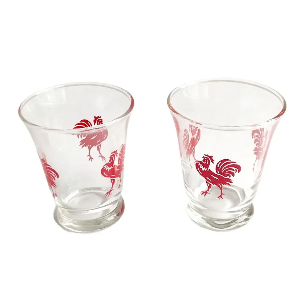 Vintage MCM Rooster Juice Glasses 2 Piece Set Red Clear Glass Drinkware Cups